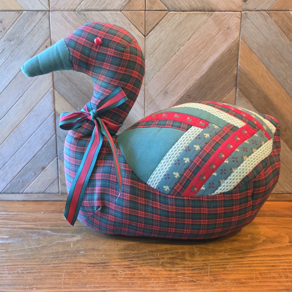 Handmade Patchwork Goose Duck Red Green Vintage Decor Plaid Stuffed 18" x 8"